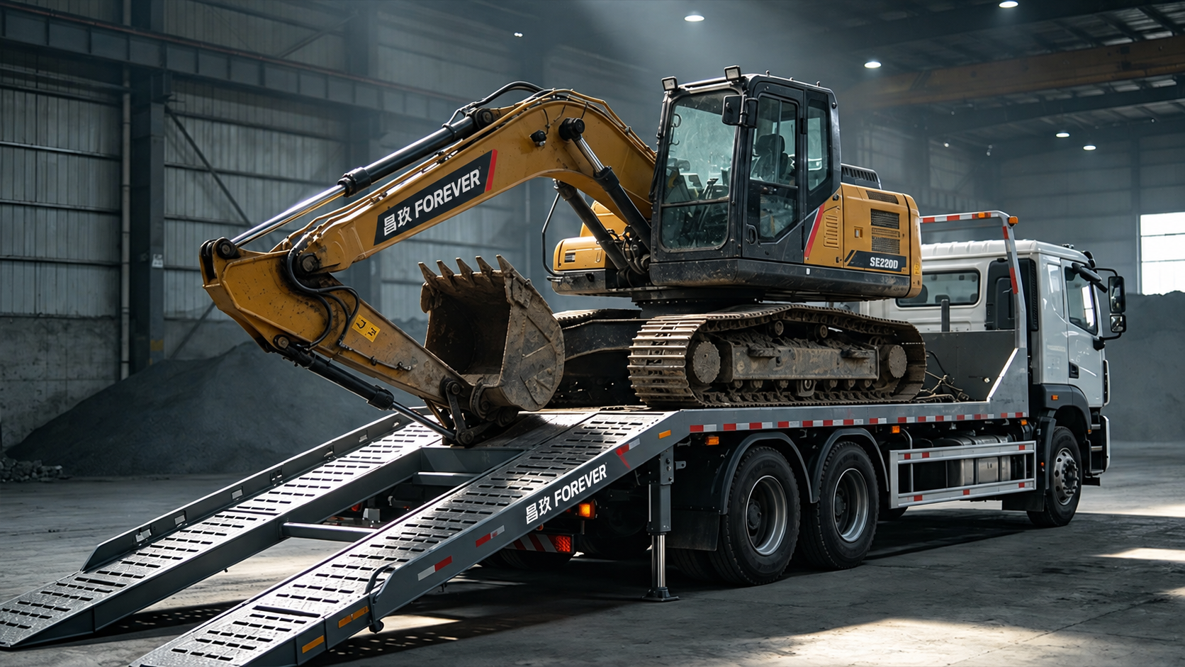 Low-Bed Trailer Ramp Systems and Loading Angles for Heavy Machinery